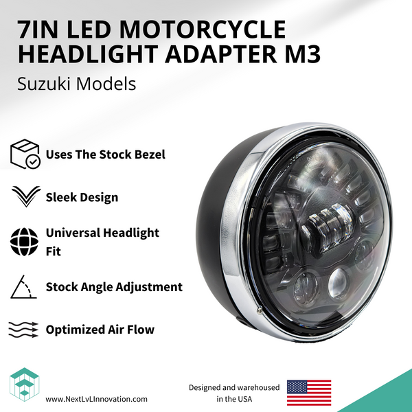 Next Level Innovation's 7in M3 LED headlight adapter for Suzuki motorcycles. 